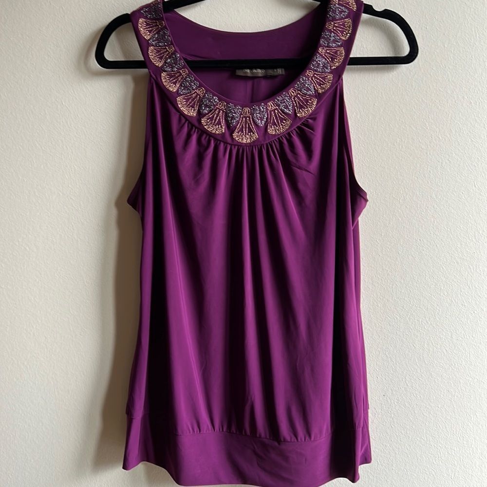 The Limited Purple Gold Sleeveless Embellished Blouse Sz L EUC